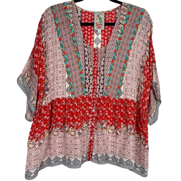 Johnny Was Blouse Womens Large Red Pink Multi Mixed Pattern V Neck Boho Chic - Picture 1 of 16